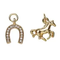 2 guldfärgade hängen charms, häst 15,3×12,2 mm, hov med strass 10×13 mm