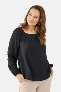 Langærmet Bluse - Sort - Firkantet Hals