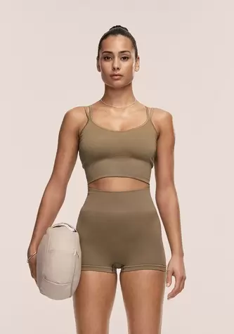 Shiny Seamless Rib Top - Light Khaki