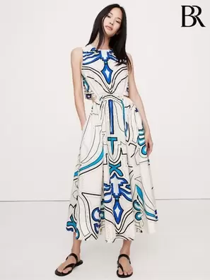 Cream/ Blått Tryck - Banana Republic Bomull Poplin Cut-Out Midi Klänning