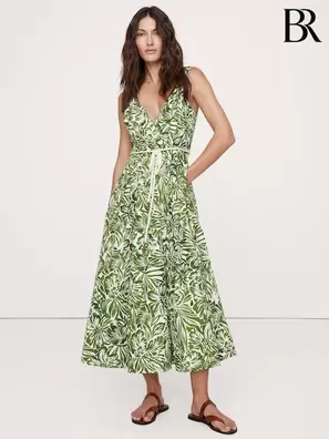 Grön Blommig - Banana Republic bomullspoplin maxiklänning med omlottmönster
