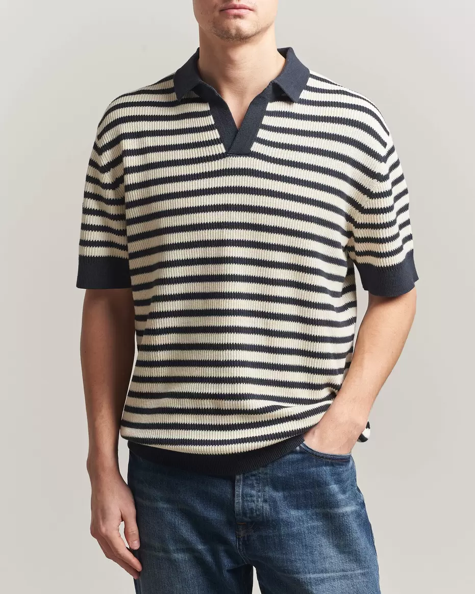 Jeremy Striped Knitted Polo Off White/Navy