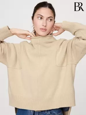 Beige - Banana Republic Överdimensionerad Merino-Bomulls Jumper med Hög-Låg Hög ståkrage