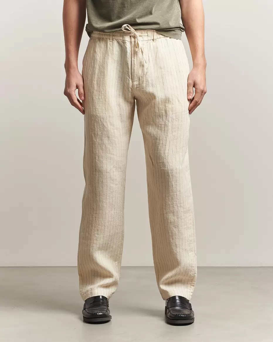 Regular Fit Striped Linen Drawstring Pants Faded Beige