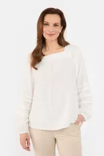 Langærmet Bluse - Offwhite - Firkantet Hals