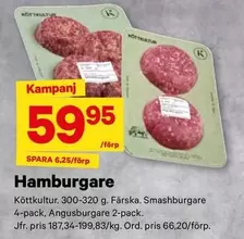 Hamburgare Köttkultur. 300-320 g. Fä rska. Smashburgare 4-pack, Angusburgare 2-pack.