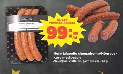 Korv jalapeño cheesebomb/Högrevskorv med bacon