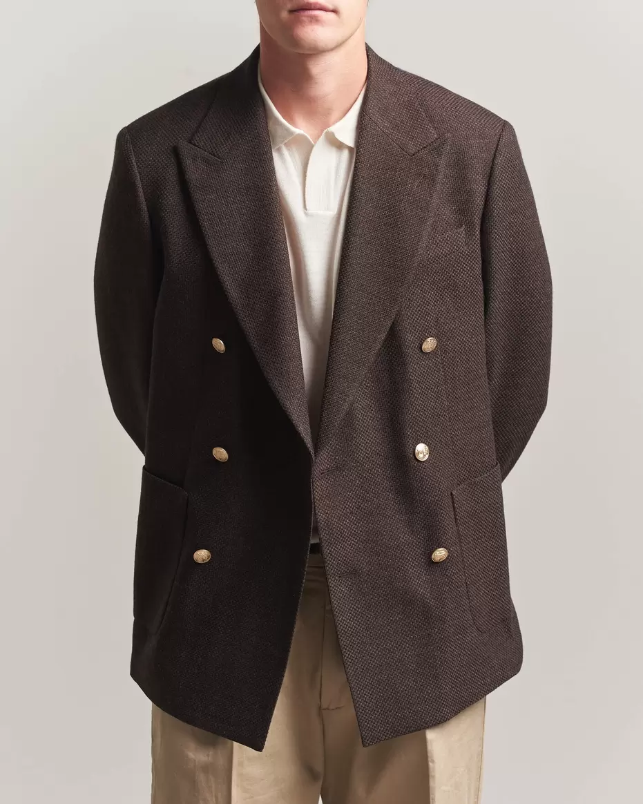 Wool Textured Double Breasted Blazer Black Brown