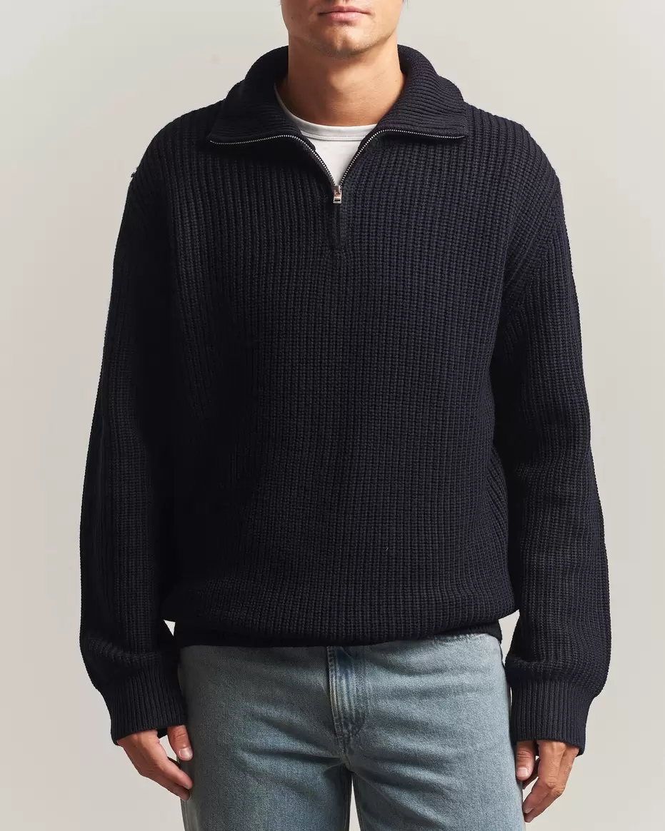 Daniel Wool Rib Knitted Half Zip Dark Navy