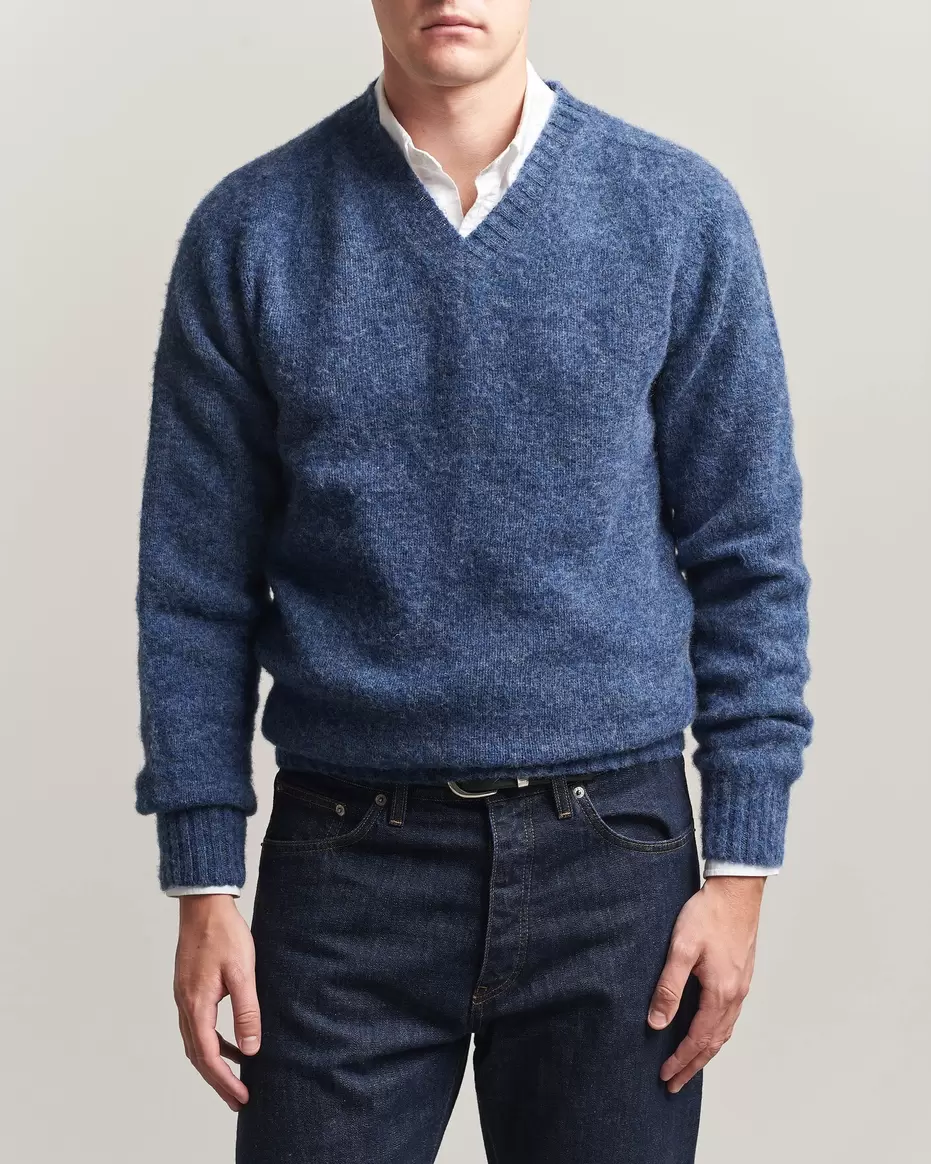 Brushed Supersoft Lambswool V-Neck Denim Blue