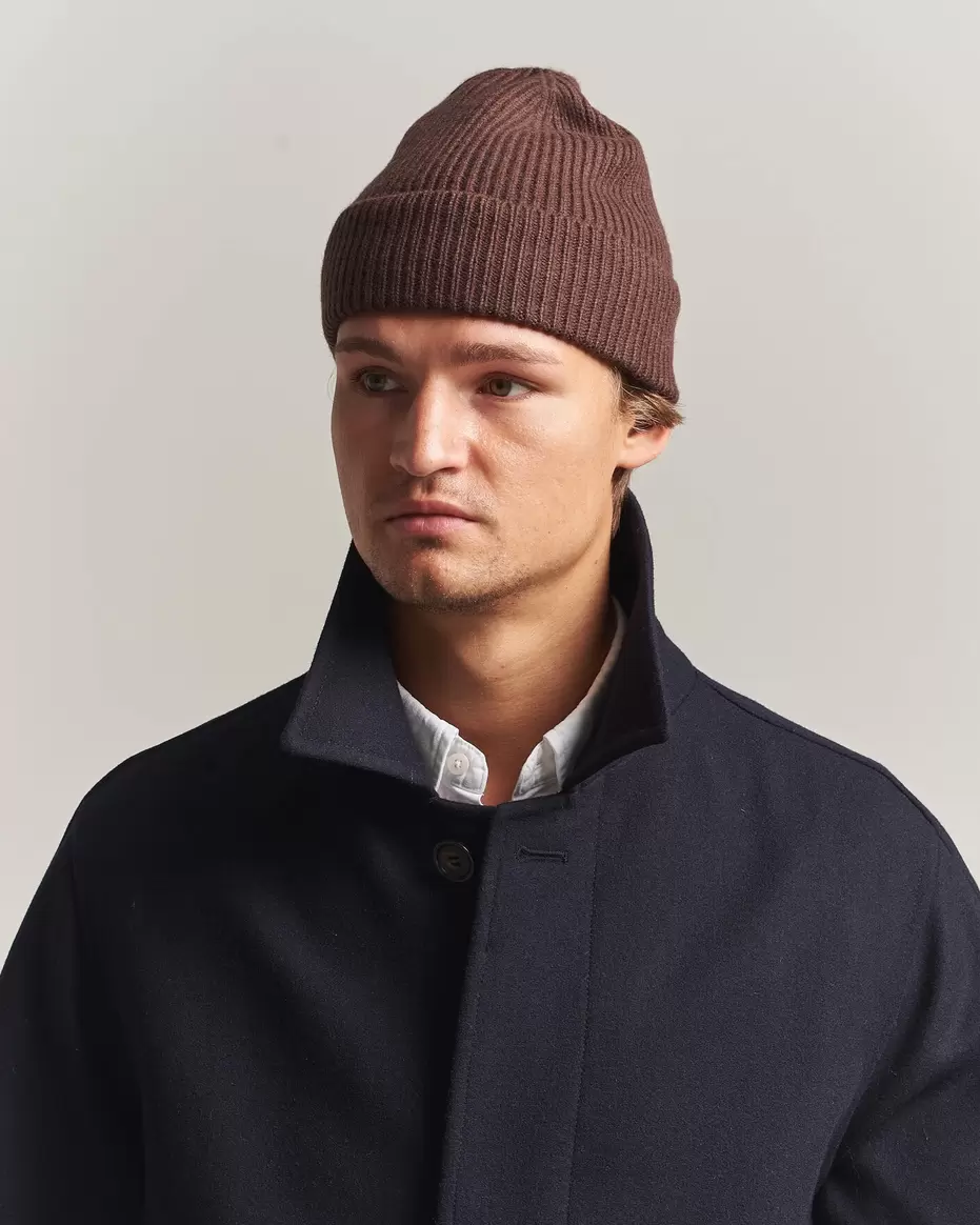 Rib Knitted Merino Wool Cap Brown