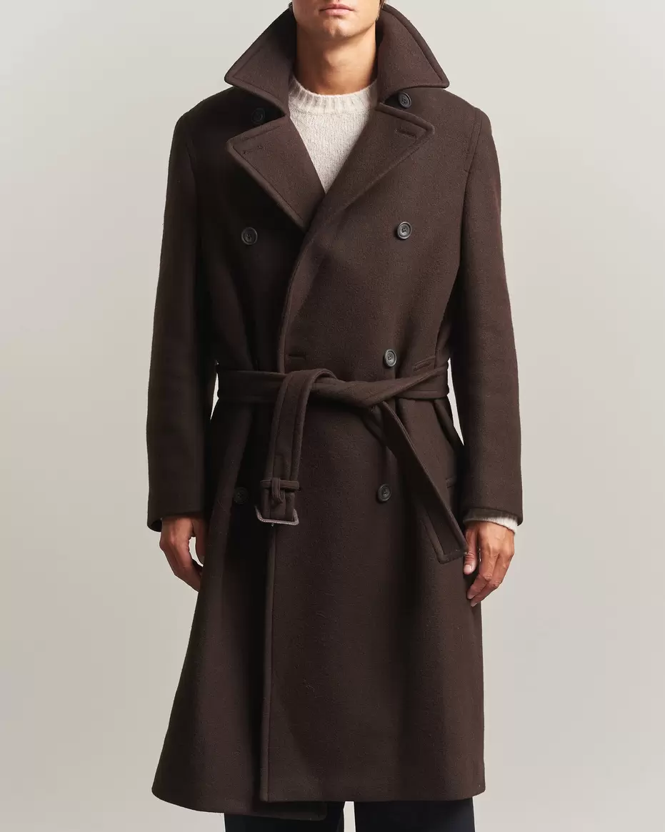 Wool Double Breasted Belted Coat Black Brown