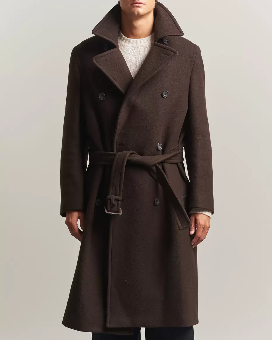 Wool Double Breasted Belted Coat Black Brown