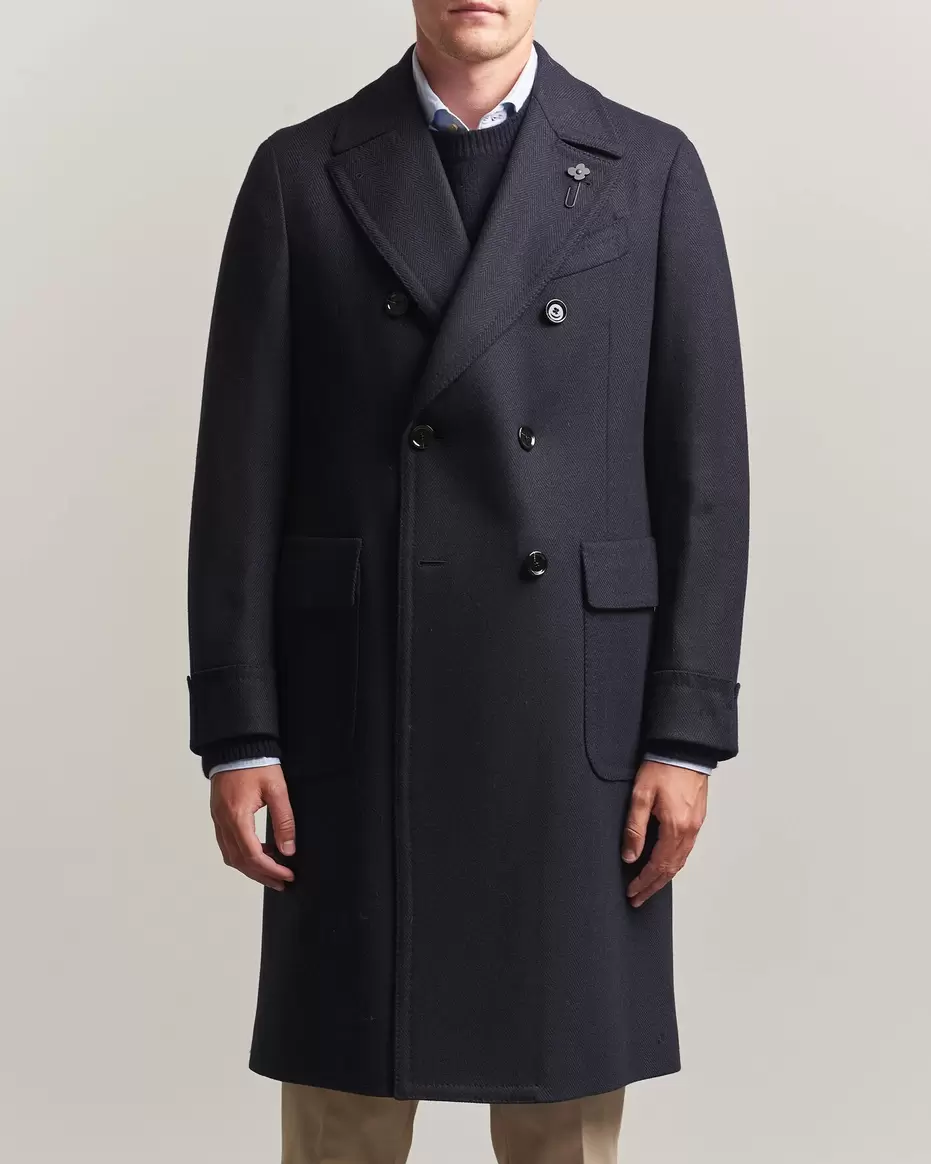 Ulster Wool/Cashmere Tonal Herringbone Coat Navy