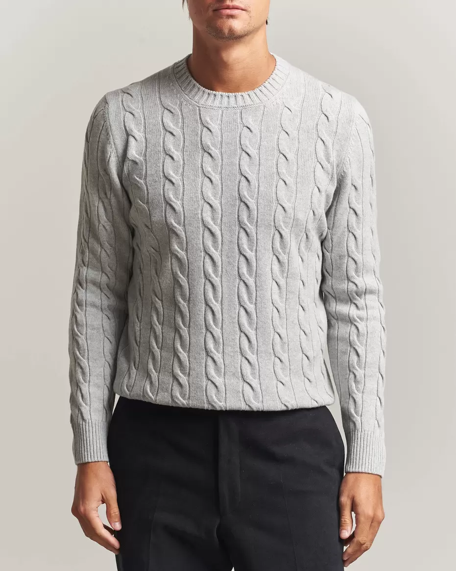 Wool/Cashmere Cable Crew Neck Light Grey Melange
