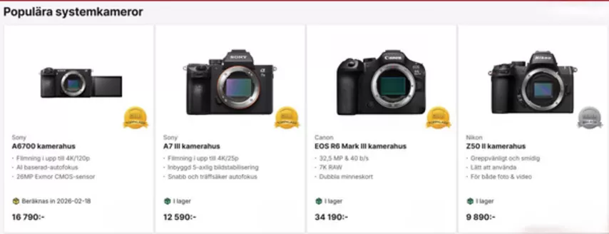Cyberphoto-katalog i Solna | Populära systemkameror. | 2026-02-17T00:00:00.000Z - 2026-03-31T00:00:00.000Z