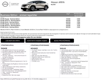 Nissan-katalog | Nissan Business Edition Prislista maj 2026 ARIYA | 2026-05-01T00:00:00.000Z - 2026-05-31T00:00:00.000Z