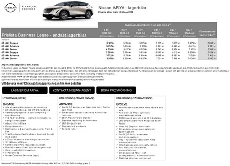 Nissan-katalog | ARIYA lagerbilar Business Lease Prislista | 2026-07-02T00:00:00.000Z - 2026-09-30T00:00:00.000Z
