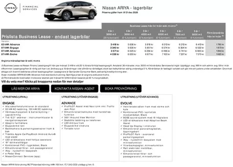 Nissan-katalog | ARIYA lagerbilar Business Lease Prislista | 2026-10-02T00:00:00.000Z - 2026-12-31T00:00:00.000Z