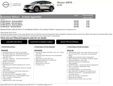 Nissan-katalog | ARIYA lagerbilar Business Edition Prislista | 2026-10-01T00:00:00.000Z - 2026-10-31T00:00:00.000Z