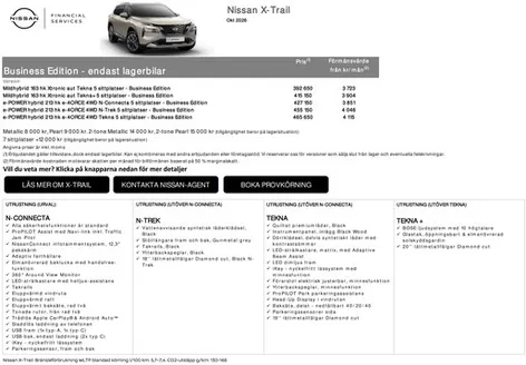 Nissan-katalog | X Trail lagerbilar Business Edition Prislista | 2026-10-01T00:00:00.000Z - 2026-10-31T00:00:00.000Z