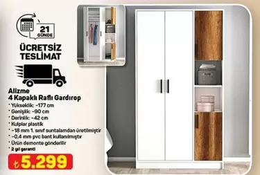 4 Kapaklı Raflı Gardırop