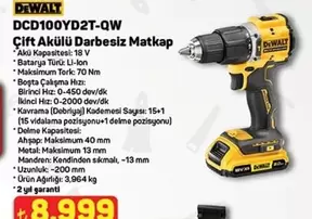 DCD100YD2T-QW Çift Akülü Darbesiz Matkap