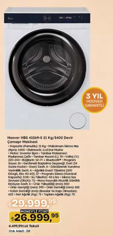 Inverter - HBS 411394-S 11 Kg/1400 Devir Çamaşır Makinesi