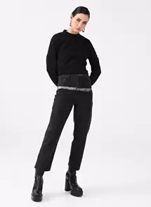 Black On Black  Siyah Bol Kesim Batik Çizgi Detaylı Kadın Denim Pantolon K-KEVA