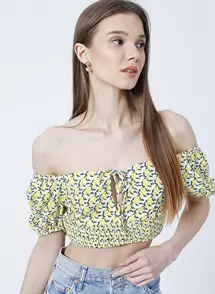 Kalp Yaka Crop Desenli Sarı - Beyaz Kadın Bluz - K-PENA