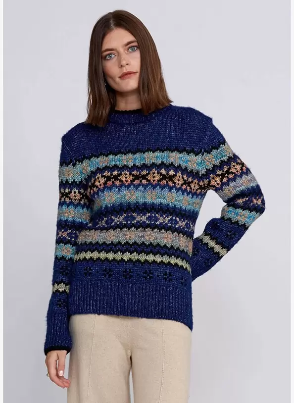 Kış Desenli Mavi Triko