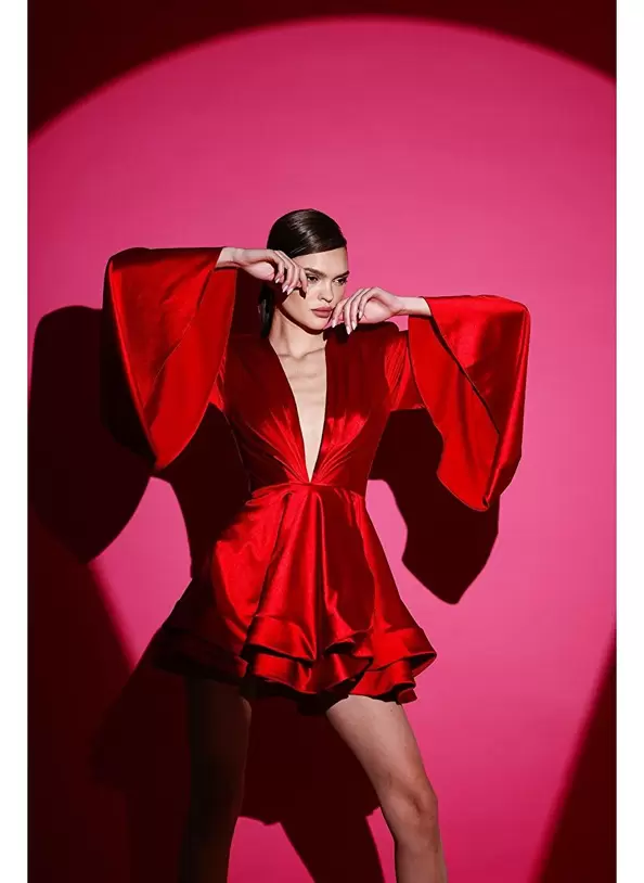 Kırmızı Saten Glenli Elbise