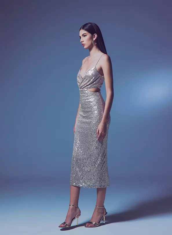 Dekolteli Payet Elbise - Bej