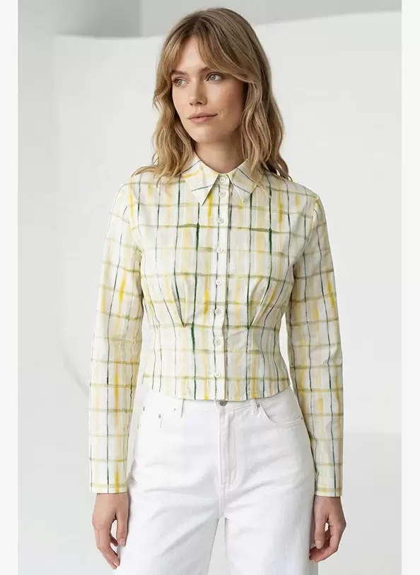 Gömlek Yaka Pile Detaylı Uzun Kollu Crop Regular Gömlek