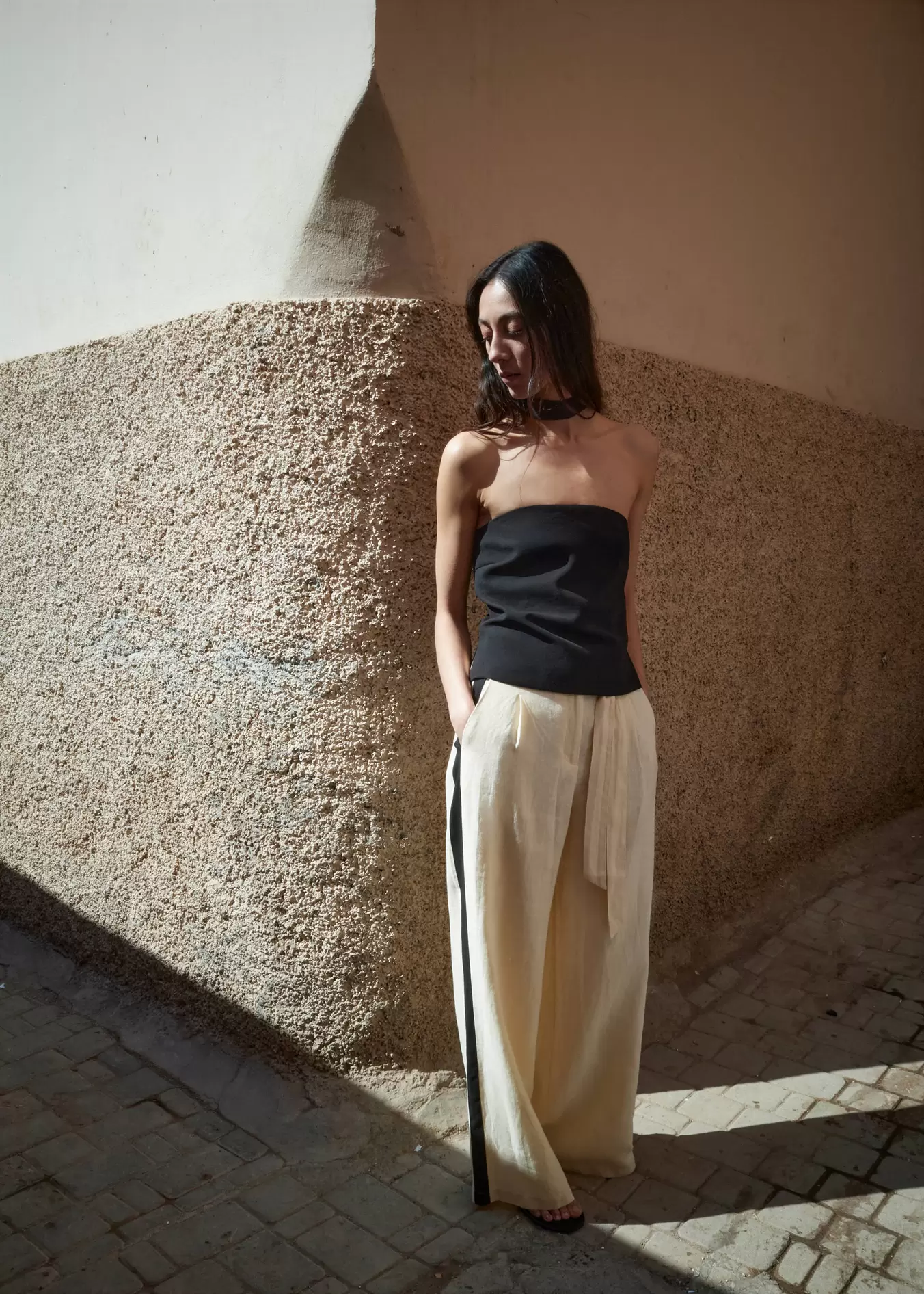 Kontrast çizgili keten pantolon