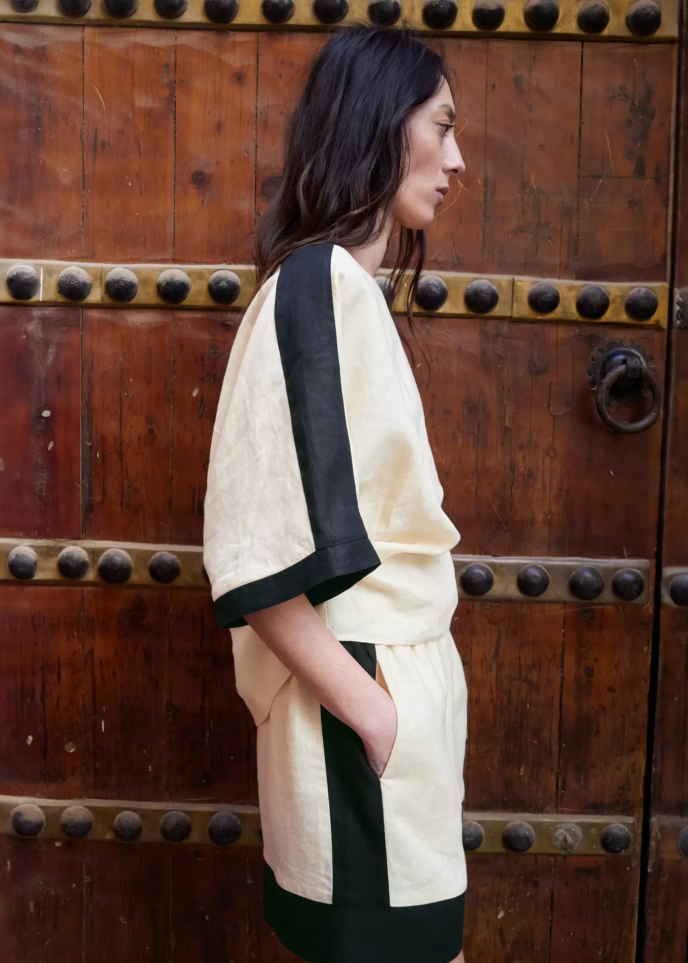 Kontrast çizgili keten bluz