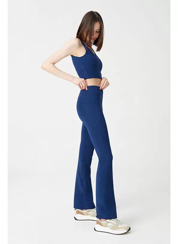 Kadın Lacivert Yüksek Bel Toparlayıcı Çift Cepli Ispanyol Paça Tayt Bootcut