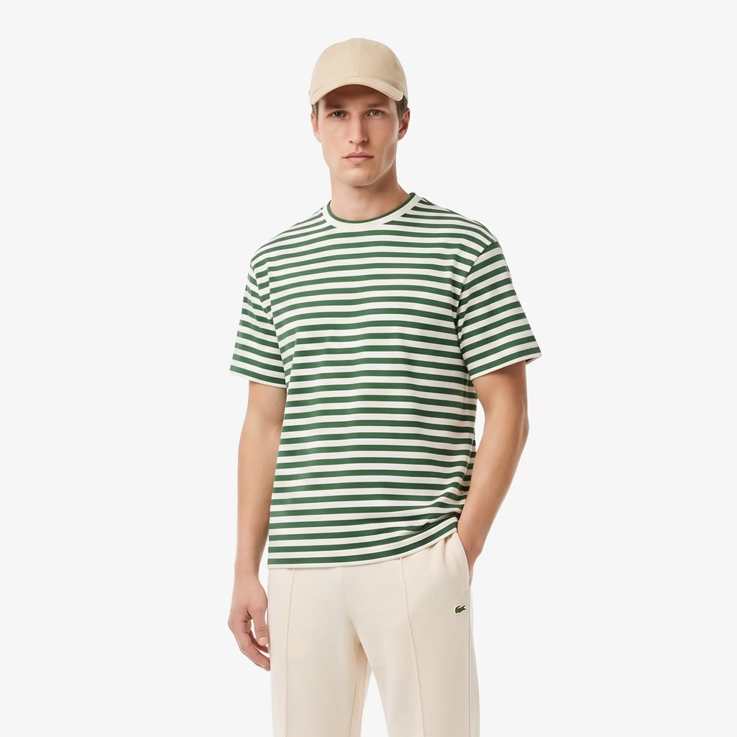 Erkek Relaxed Fit Bisiklet Yaka Çizgili Yeşil T-Shirt