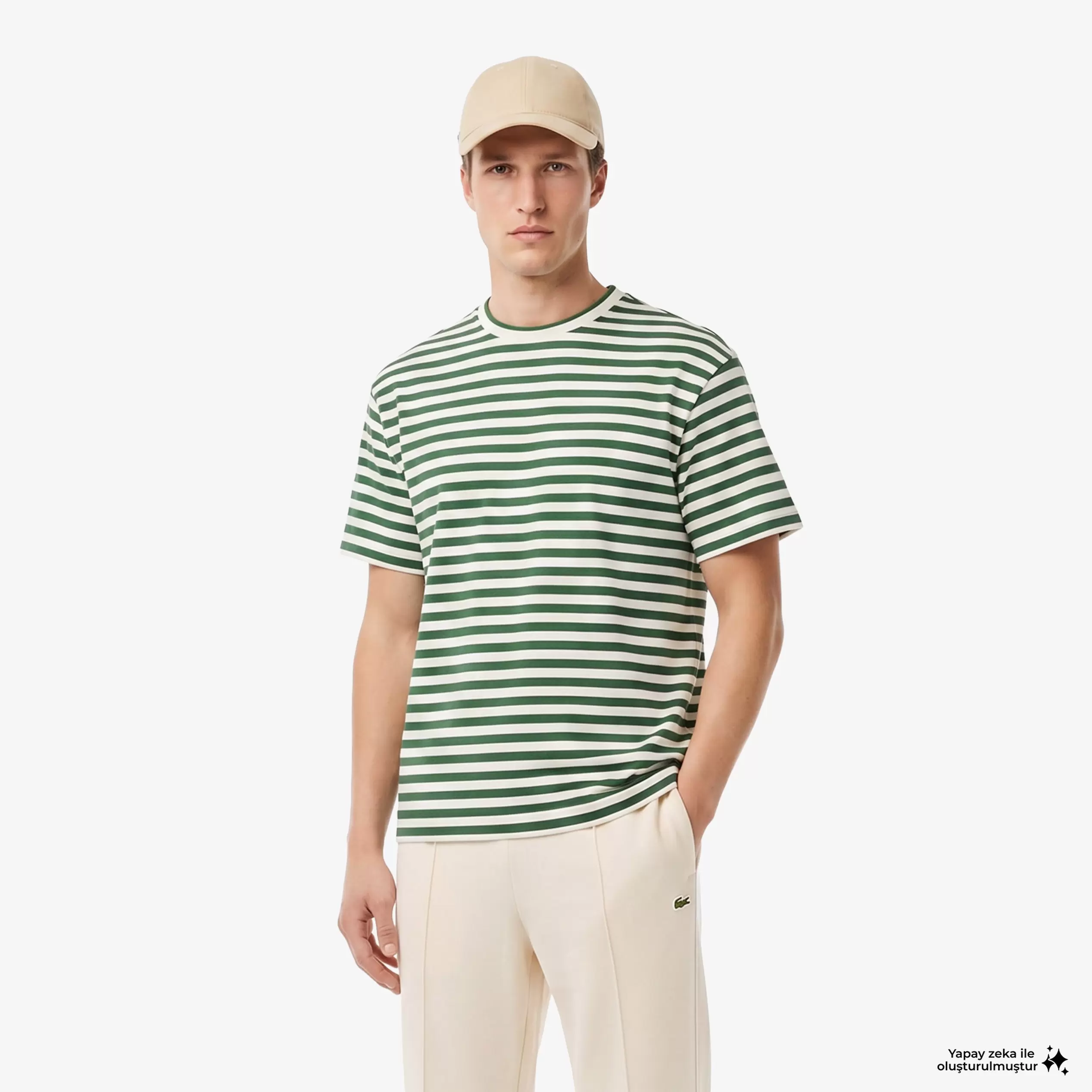 Erkek Relaxed Fit Bisiklet Yaka Çizgili Yeşil T-Shirt