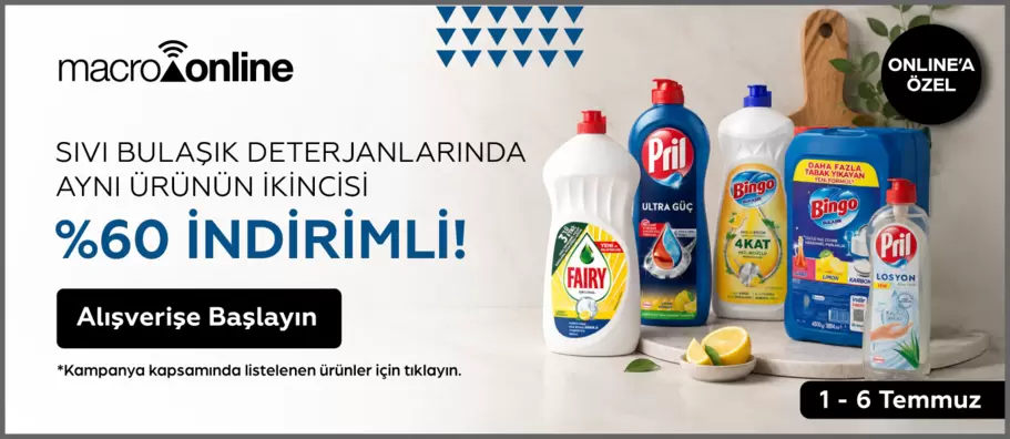 1 - 6 Temmuz Sıvı Bulaşık Deterjanlarında Aynı Ürünün İkincisi %60 İndirimli!