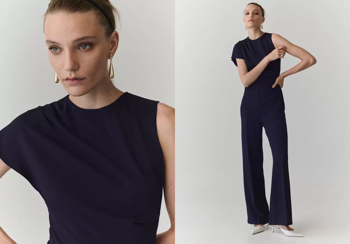 Long jumpsuit with asymmetric sleeves