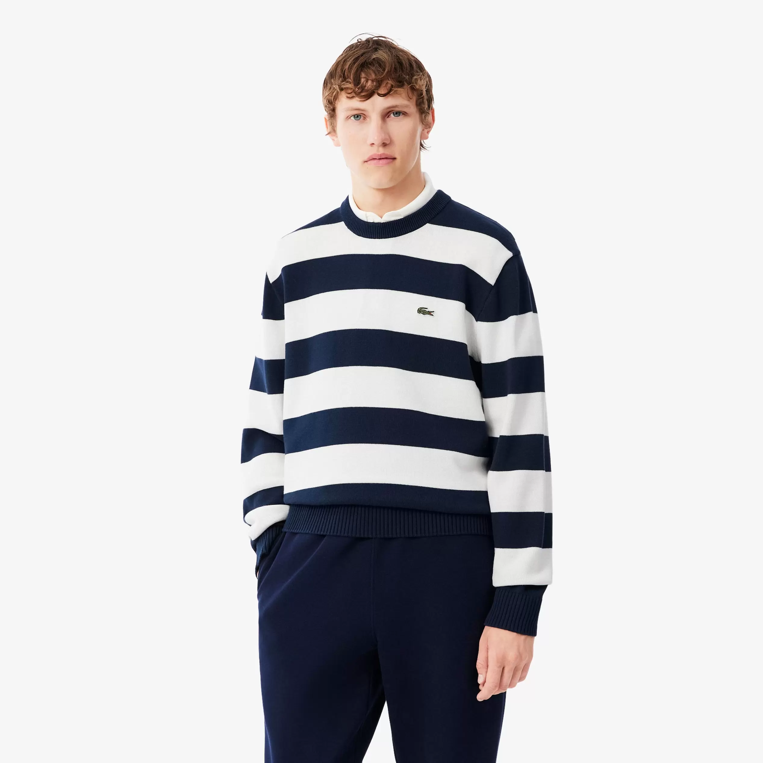 Erkek Classic Fit Bisiklet Yaka Çizgili Lacivert Kazak