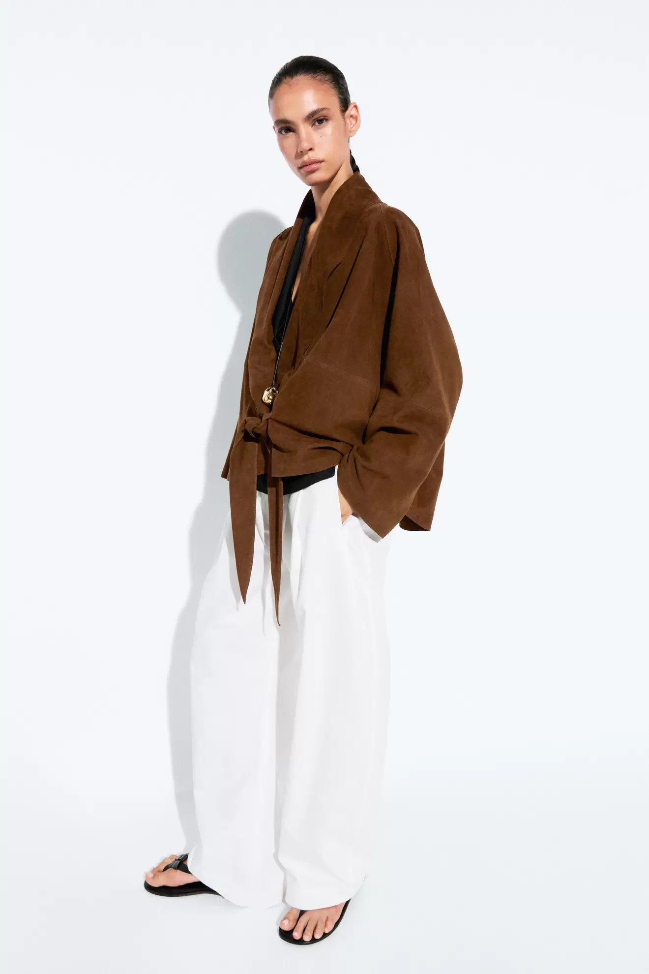 Bağcıklı süet deri kimono