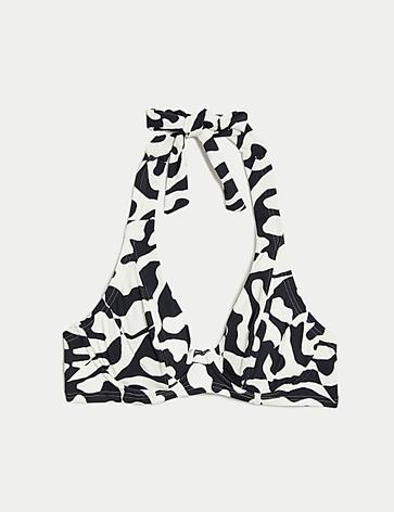 Printed Wired Plunge Halterneck Bikini Top