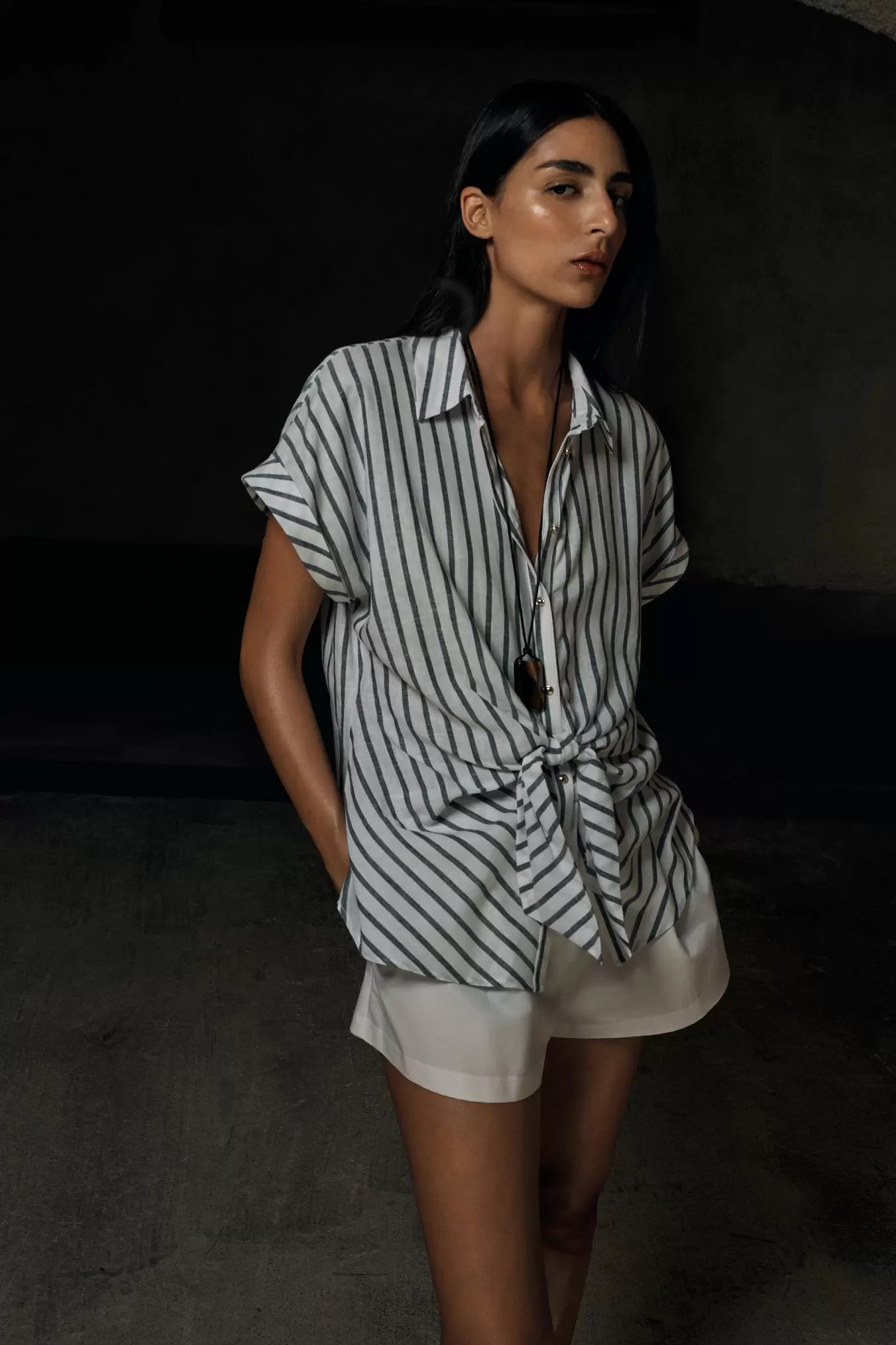 STRIPED KNOTTED LINEN BLEND SHIRT
