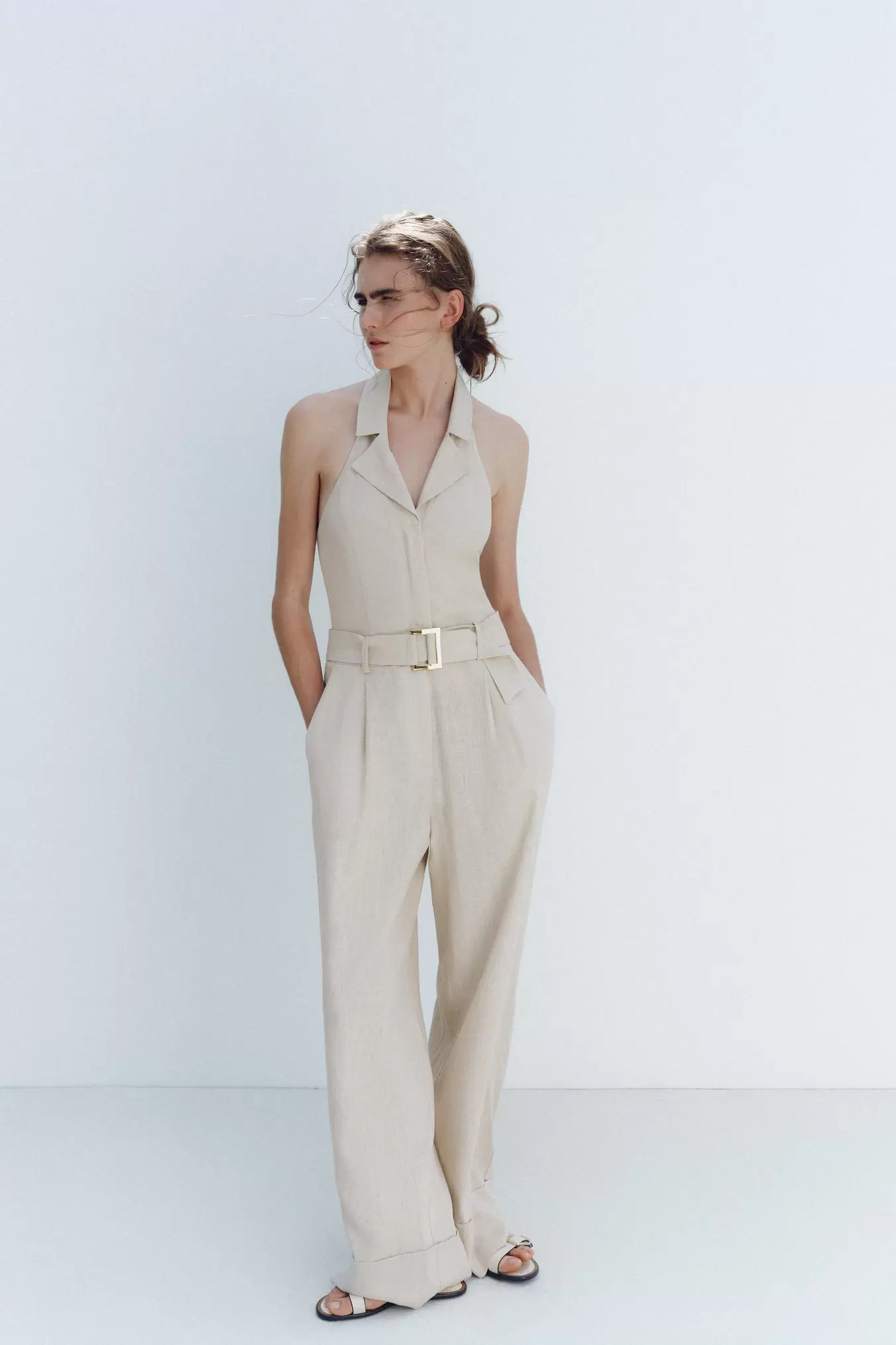 HALTER NECK JUMPSUIT WITH LINEN BLEND