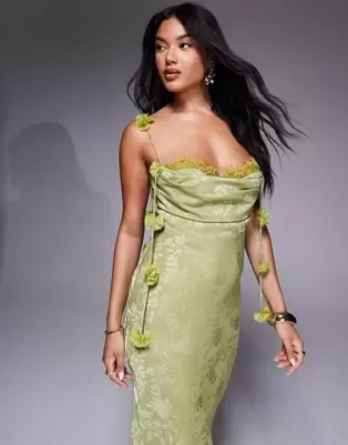 Rare London satin jacquard lace bust petal strap detail maxi dress in olive