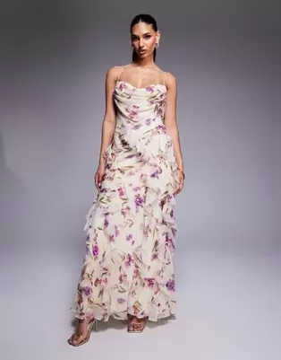 ASOS DESIGN embellished chiffon cami ruffle maxi dress in ivory floral