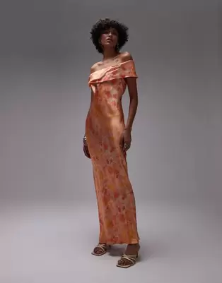 Topshop drape shoulder maxi occasion dress in blurred orange floral