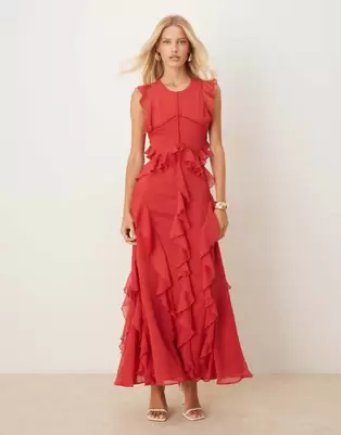 ASOS DESIGN high neck ruffle maxi dress with lace inserts in dark cherry